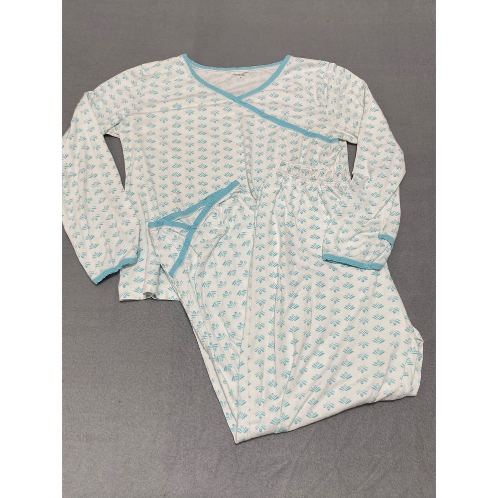 Garnet Hill Women's Medium Cotton Organic Pajama Set Teal White Leaf Print